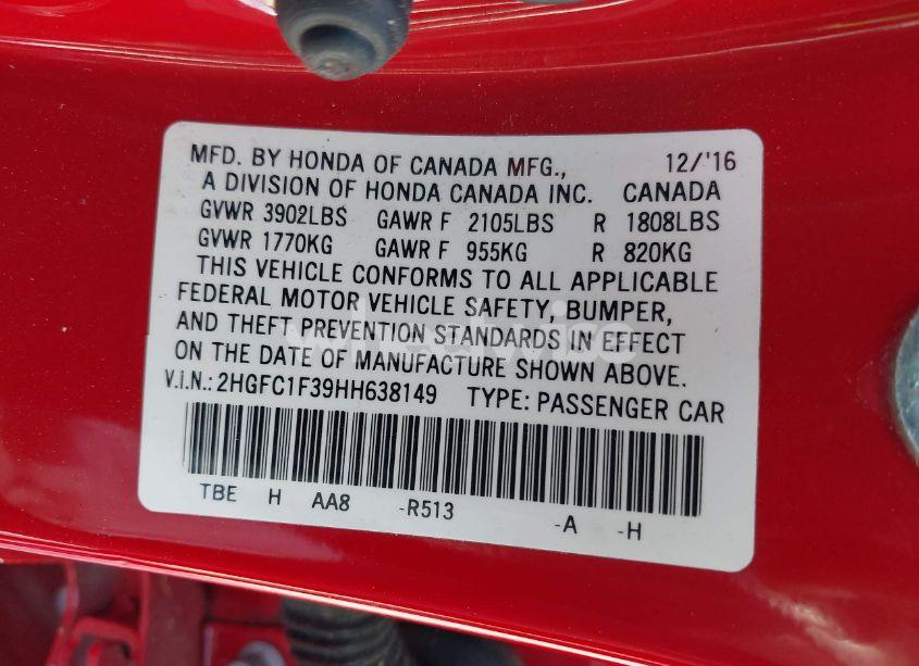 Photo 9 of 2017 Honda Civic EX-T (VIN 2HGFC1F39HH638149)