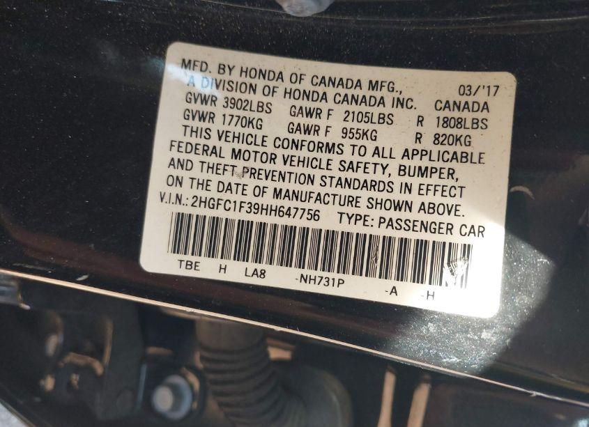 Photo 9 of 2017 Honda Civic EX-T (VIN 2HGFC1F39HH647756)