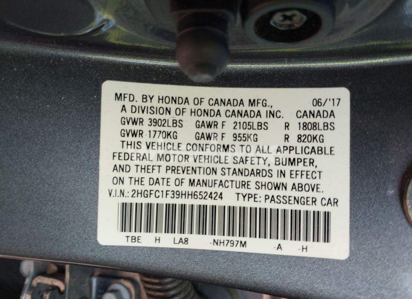 Photo 9 of 2017 Honda Civic EX-T (VIN 2HGFC1F39HH652424)