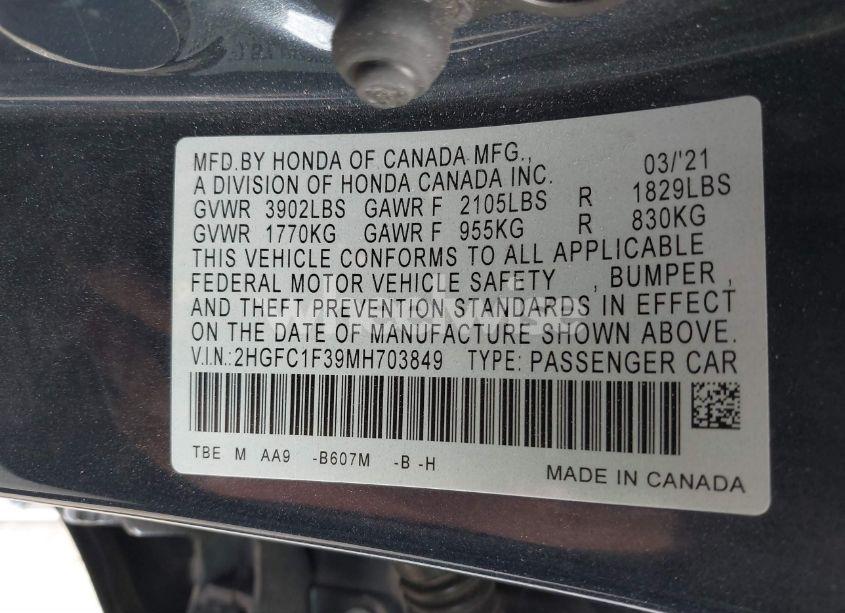 Photo 9 of 2021 Honda Civic EX (VIN 2HGFC1F39MH703849)