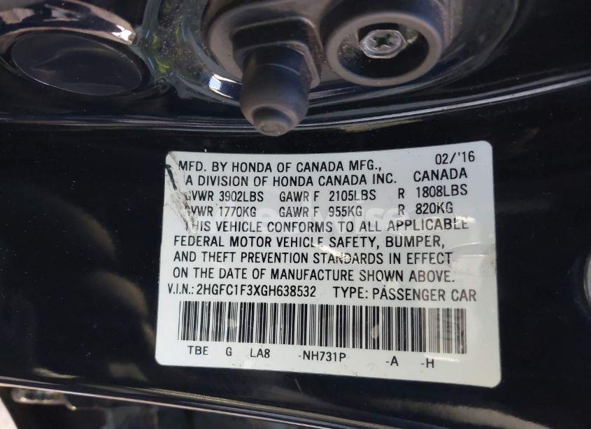 Photo 9 of 2016 Honda Civic EX-T (VIN 2HGFC1F3XGH638532)