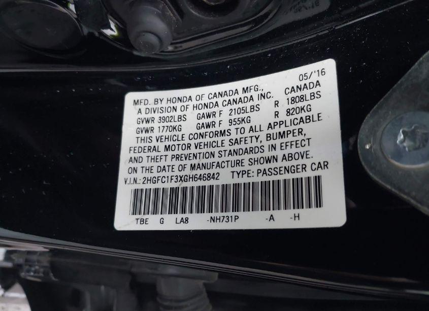Photo 9 of 2016 Honda Civic EX-T (VIN 2HGFC1F3XGH646842)