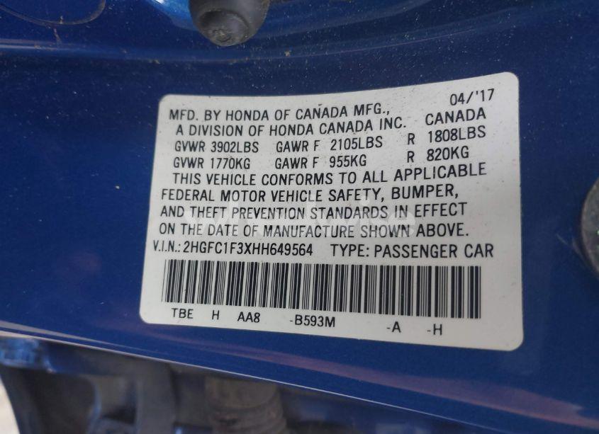 Photo 9 of 2017 Honda Civic EX-T (VIN 2HGFC1F3XHH649564)