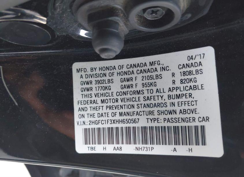 Photo 9 of 2017 Honda Civic EX-T (VIN 2HGFC1F3XHH650567)