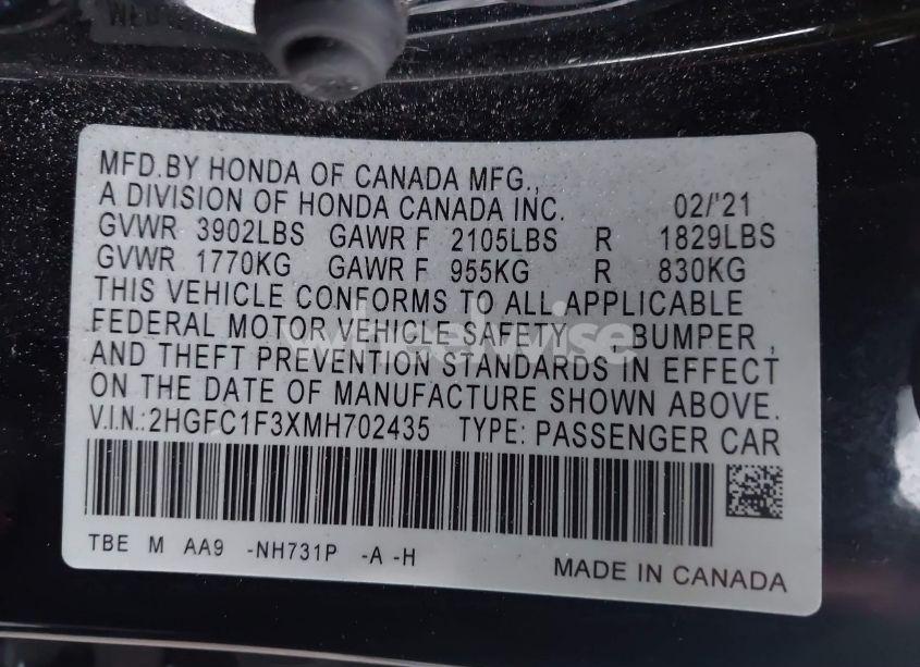 Photo 9 of 2021 Honda Civic EX (VIN 2HGFC1F3XMH702435)