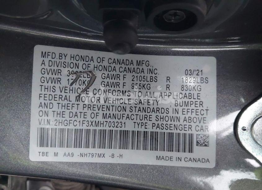 Photo 9 of 2021 Honda Civic EX (VIN 2HGFC1F3XMH703231)