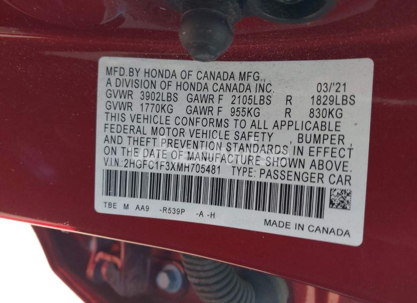 Photo 9 of 2021 Honda Civic EX (VIN 2HGFC1F3XMH705481)