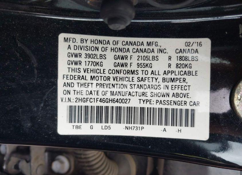 Photo 9 of 2016 Honda Civic EX-T (VIN 2HGFC1F46GH640027)