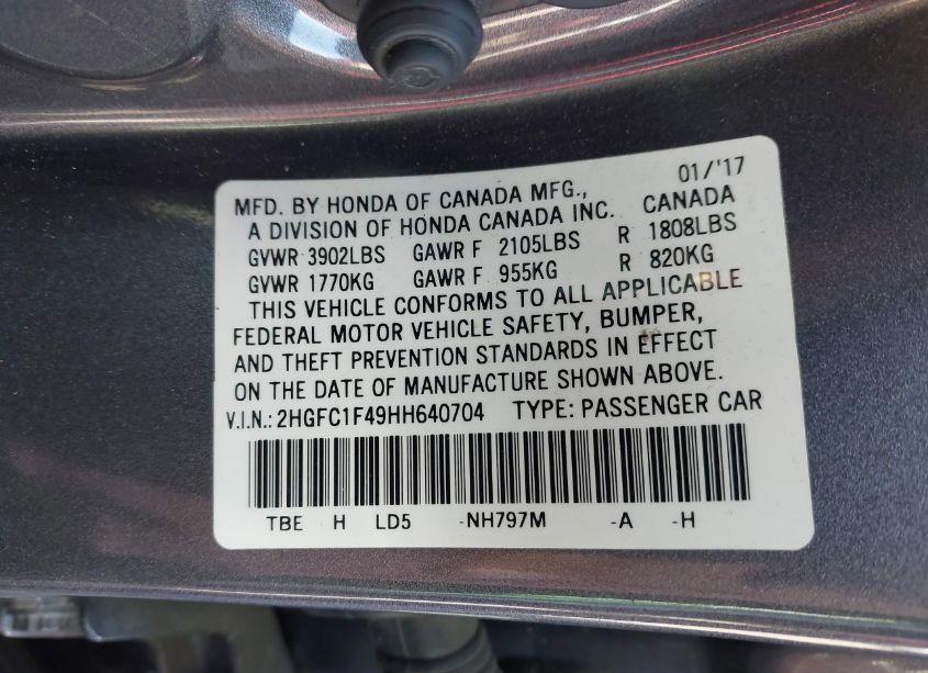 Photo 9 of 2017 Honda Civic EX-T (VIN 2HGFC1F49HH640704)
