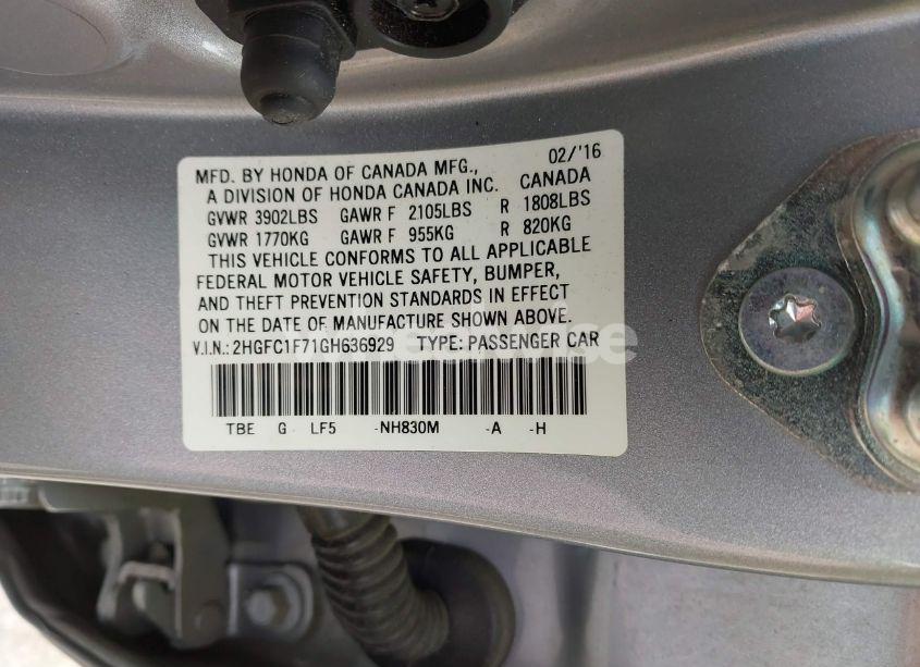 Photo 9 of 2016 Honda Civic EX-L (VIN 2HGFC1F71GH636929)