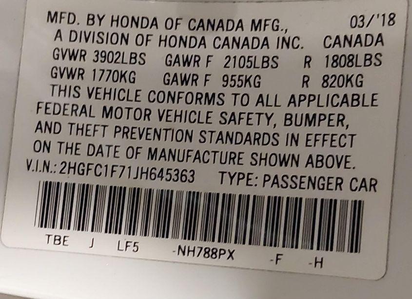 Photo 9 of 2018 Honda Civic EX-L (VIN 2HGFC1F71JH645363)