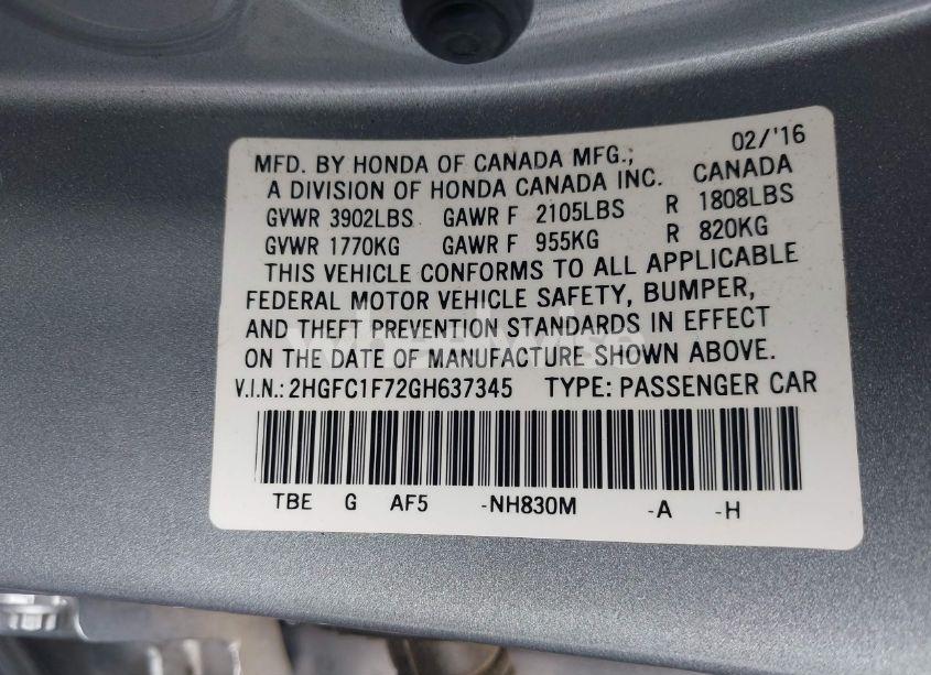Photo 9 of 2016 Honda Civic EX-L (VIN 2HGFC1F72GH637345)