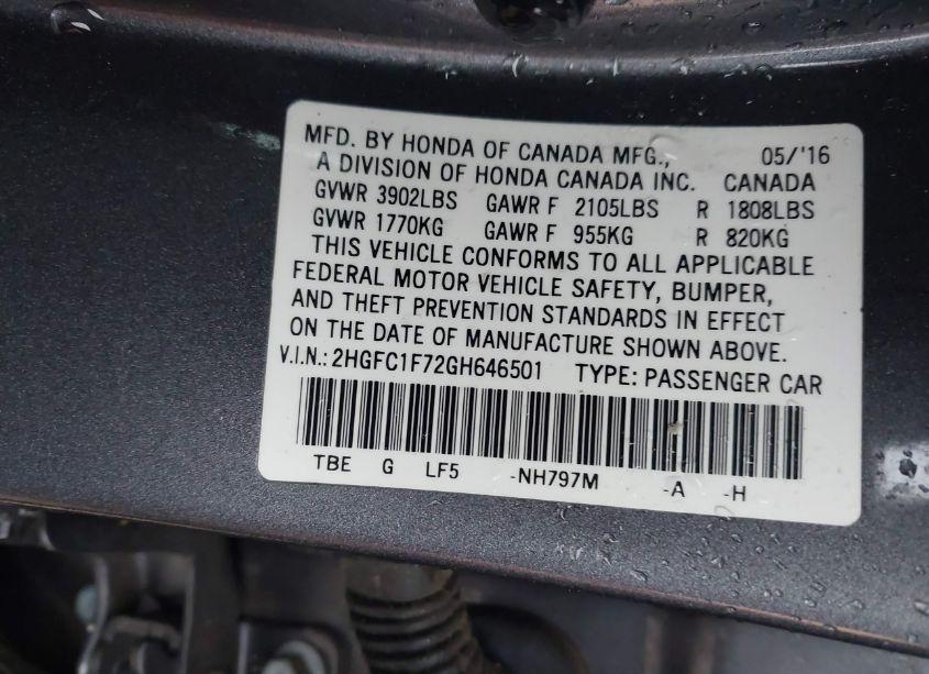 Photo 9 of 2016 Honda Civic EX-L (VIN 2HGFC1F72GH646501)