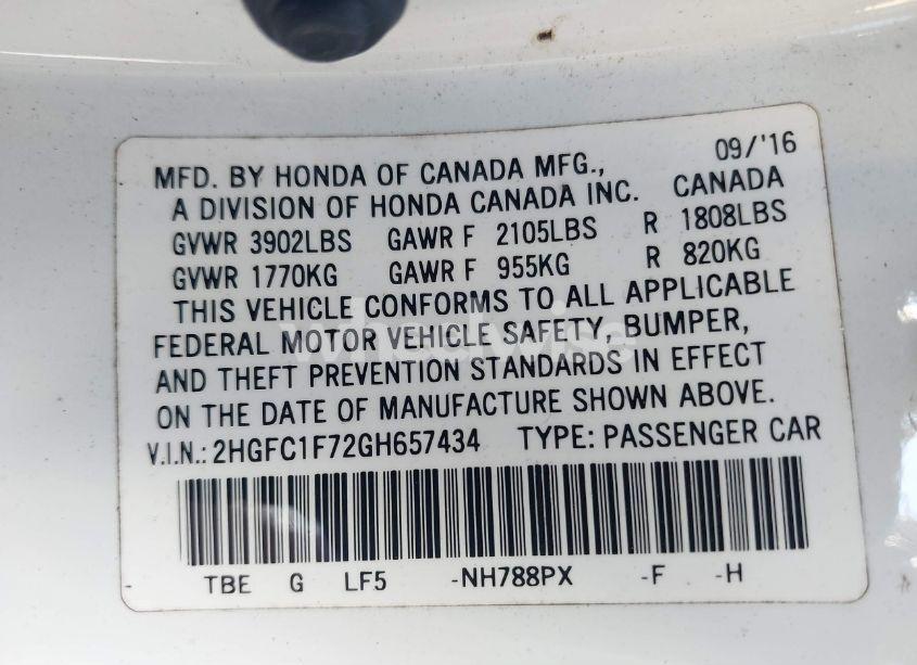 Photo 9 of 2016 Honda Civic EX-L (VIN 2HGFC1F72GH657434)