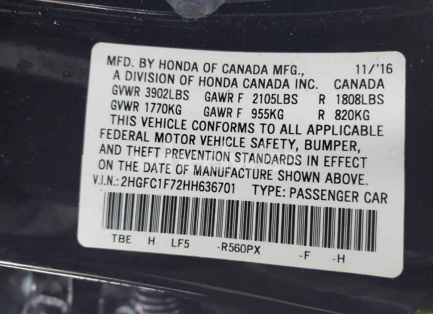 Photo 9 of 2017 Honda Civic EX-L (VIN 2HGFC1F72HH636701)