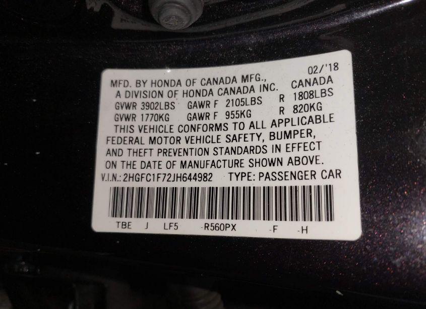 Photo 9 of 2018 Honda Civic EX-L (VIN 2HGFC1F72JH644982)