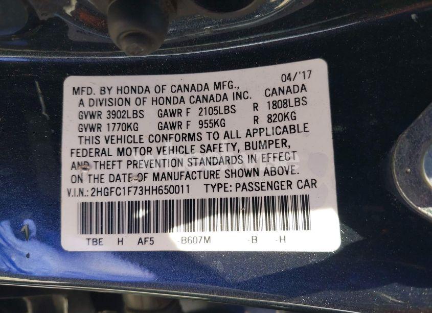 Photo 9 of 2017 Honda Civic EX-L (VIN 2HGFC1F73HH650011)