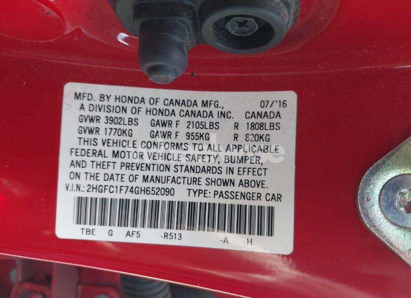 Photo 9 of 2016 Honda Civic EX-L (VIN 2HGFC1F74GH652090)