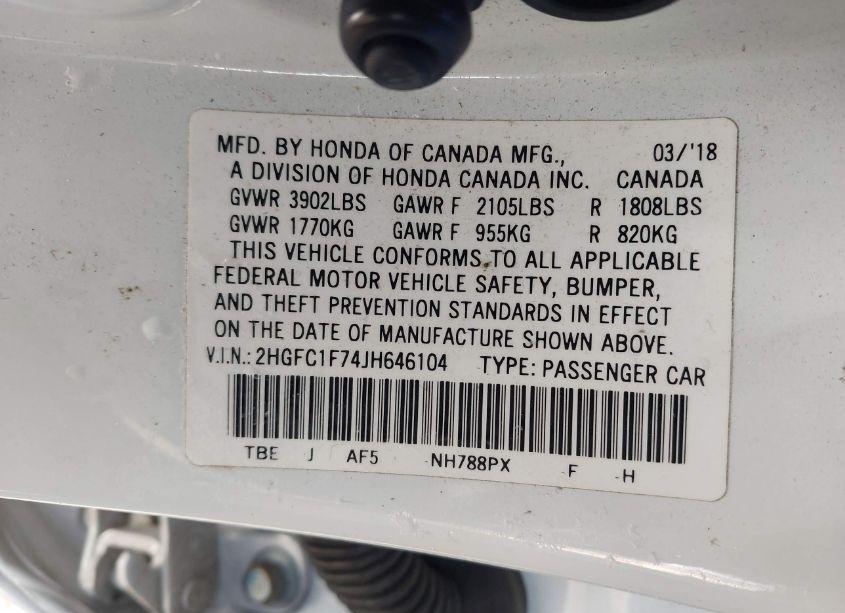 Photo 9 of 2018 Honda Civic EX-L (VIN 2HGFC1F74JH646104)