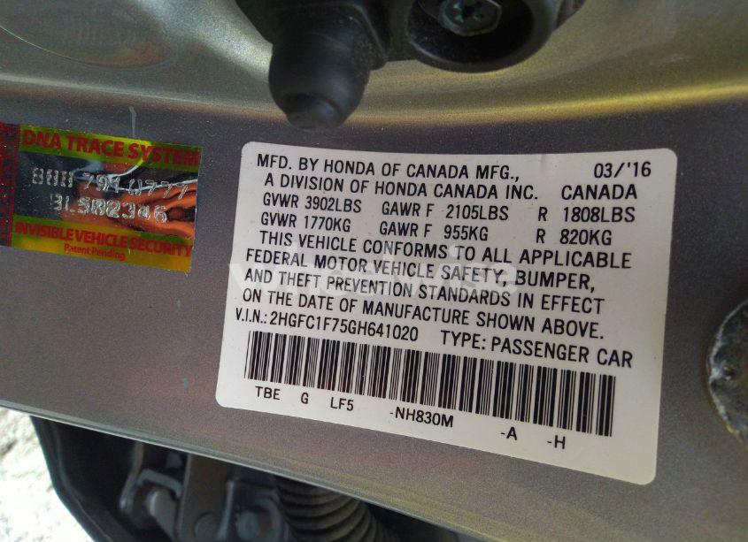 Photo 9 of 2016 Honda Civic EX-L (VIN 2HGFC1F75GH641020)