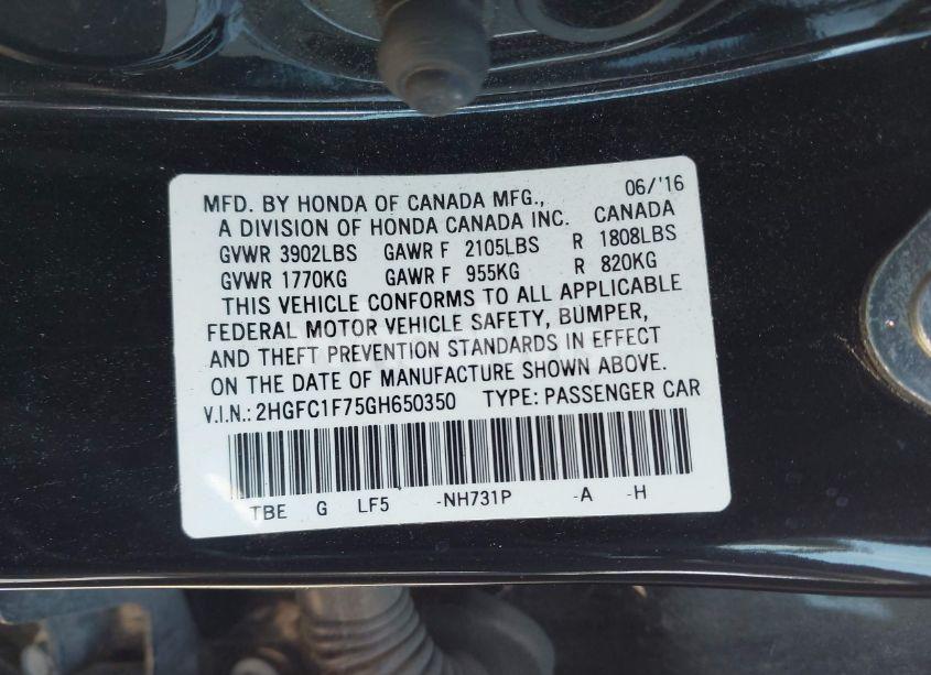 Photo 9 of 2016 Honda Civic EX-L (VIN 2HGFC1F75GH650350)