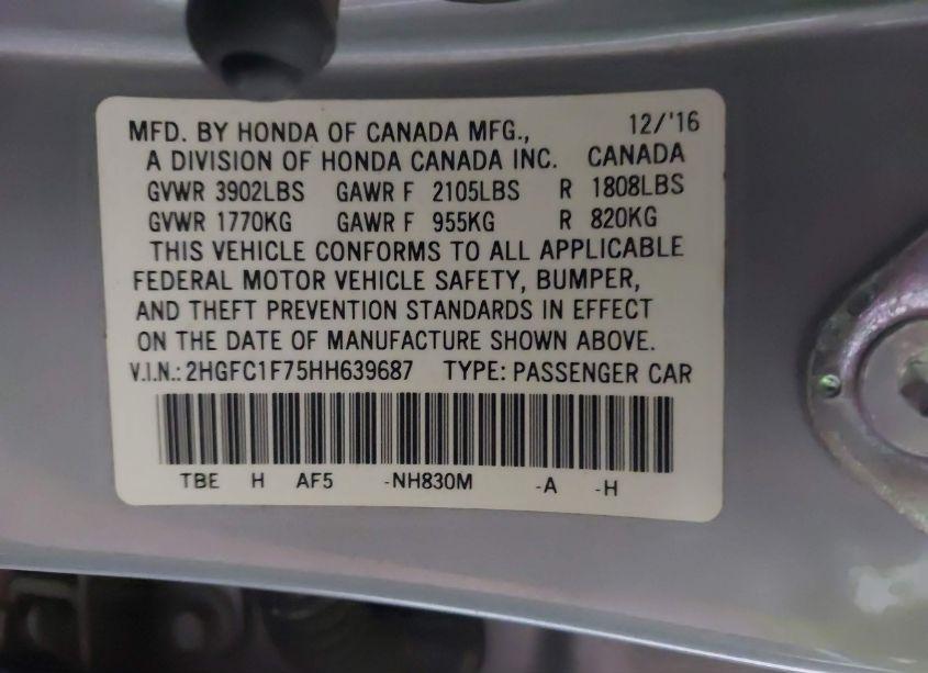 Photo 9 of 2017 Honda Civic EX-L (VIN 2HGFC1F75HH639687)