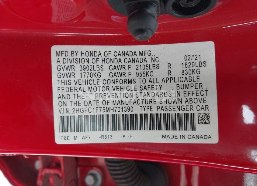 Photo 9 of 2021 Honda Civic EX-L (VIN 2HGFC1F75MH701390)