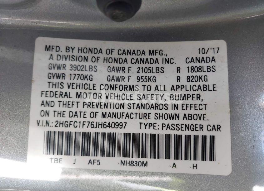 Photo 9 of 2018 Honda Civic EX-L (VIN 2HGFC1F76JH640997)