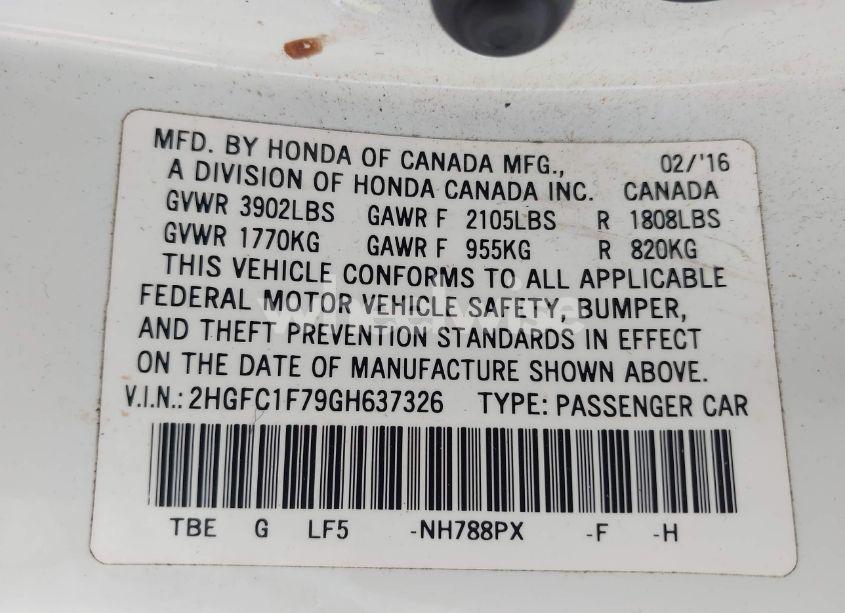 Photo 9 of 2016 Honda Civic EX-L (VIN 2HGFC1F79GH637326)