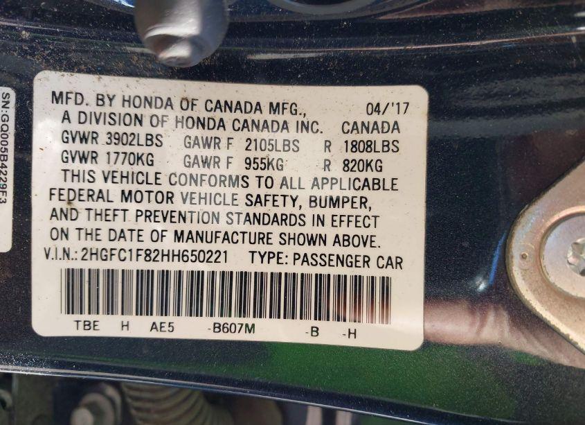 Photo 9 of 2017 Honda Civic EX-L (VIN 2HGFC1F82HH650221)
