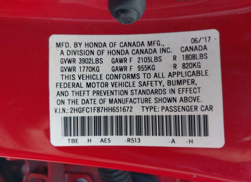 Photo 9 of 2017 Honda Civic EX-L (VIN 2HGFC1F87HH651672)