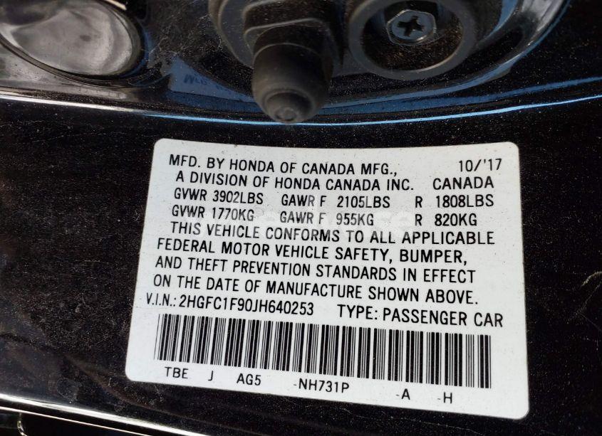 Photo 9 of 2018 Honda Civic TOURING (VIN 2HGFC1F90JH640253)