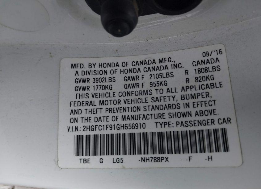 Photo 9 of 2016 Honda Civic TOURING (VIN 2HGFC1F91GH656910)