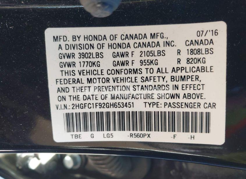 Photo 9 of 2016 Honda Civic TOURING (VIN 2HGFC1F92GH653451)