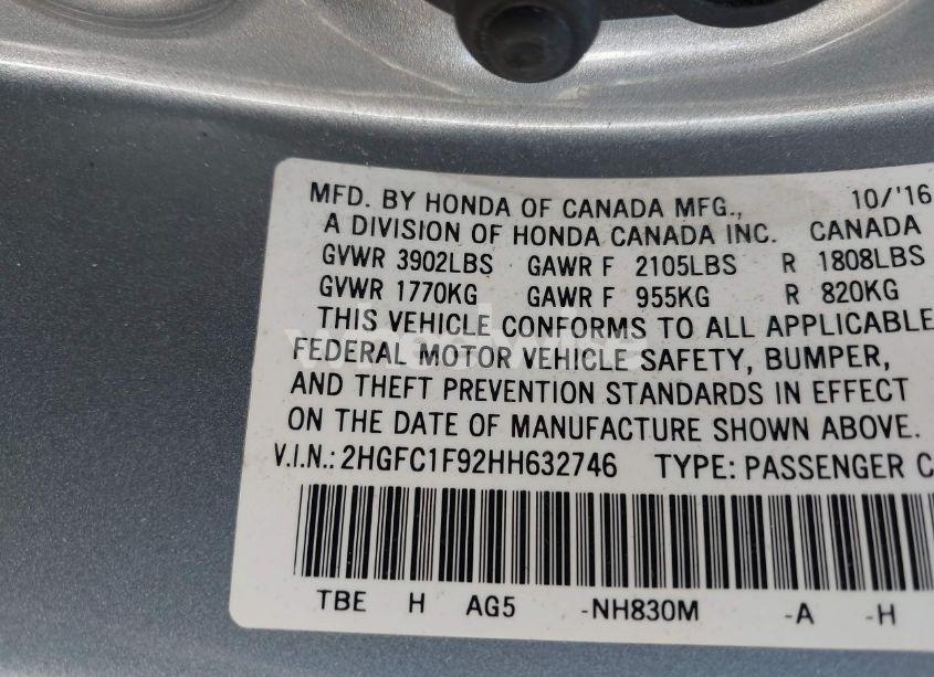 Photo 9 of 2017 Honda Civic TOURING (VIN 2HGFC1F92HH632746)