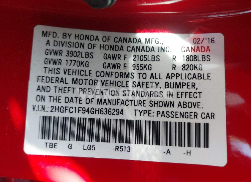 Photo 9 of 2016 Honda Civic TOURING (VIN 2HGFC1F94GH636294)