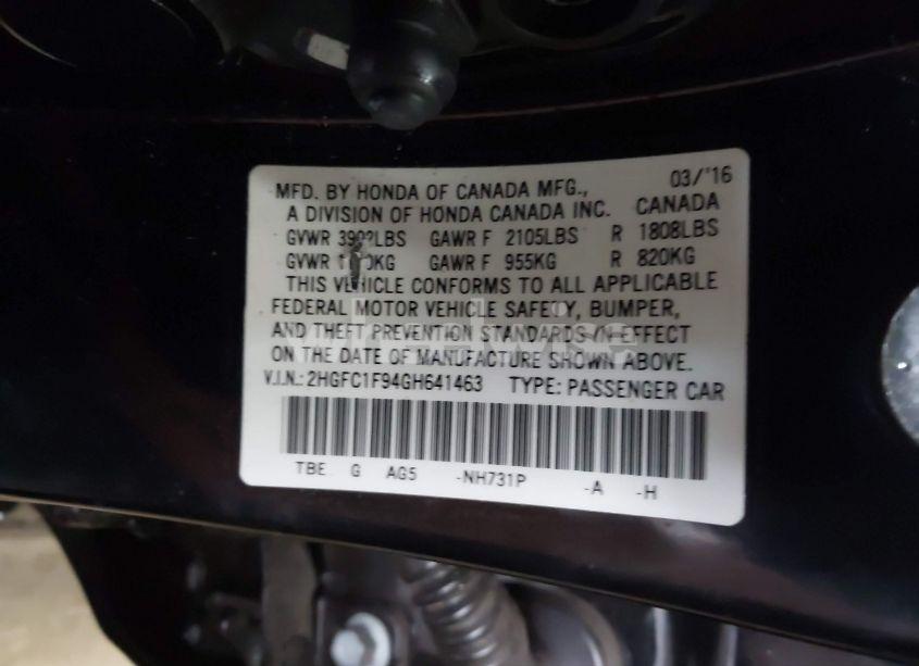 Photo 9 of 2016 Honda Civic TOURING (VIN 2HGFC1F94GH641463)