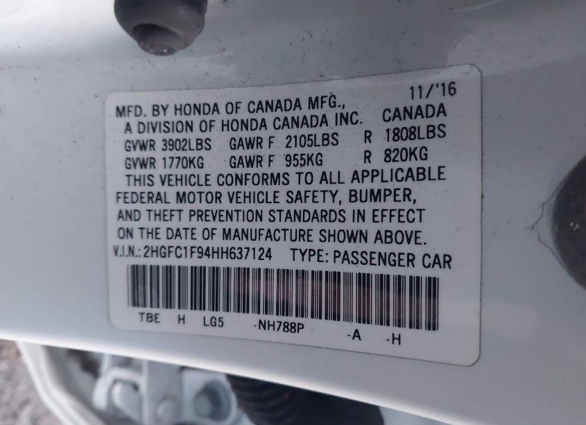 Photo 9 of 2017 Honda Civic TOURING (VIN 2HGFC1F94HH637124)