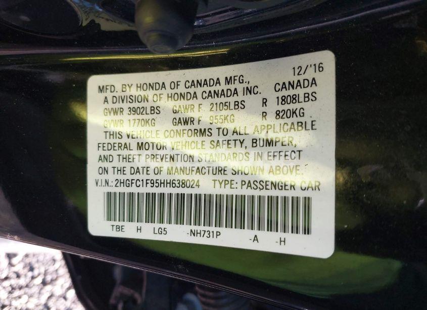 Photo 9 of 2017 Honda Civic TOURING (VIN 2HGFC1F95HH638024)