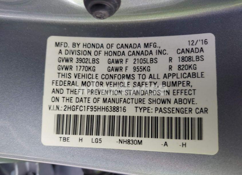 Photo 9 of 2017 Honda Civic TOURING (VIN 2HGFC1F95HH638816)
