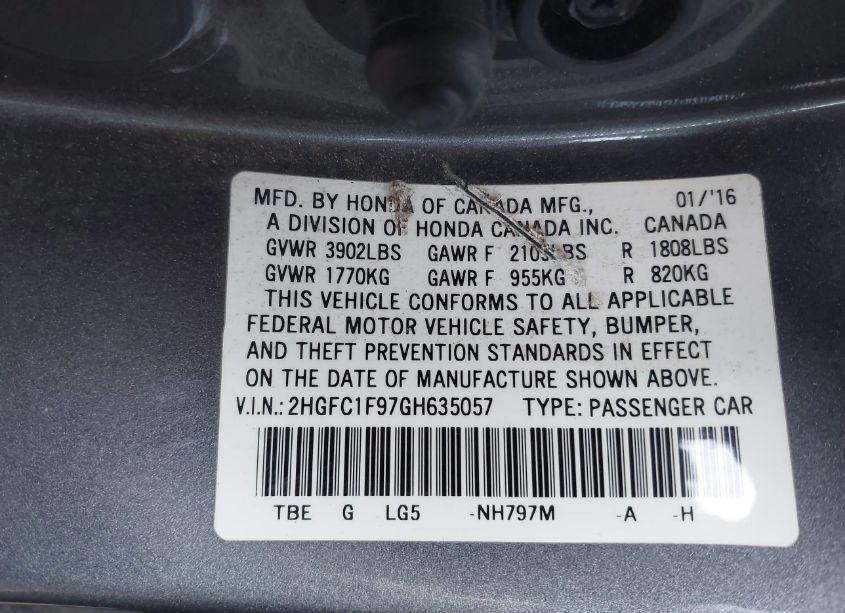 Photo 9 of 2016 Honda Civic TOURING (VIN 2HGFC1F97GH635057)