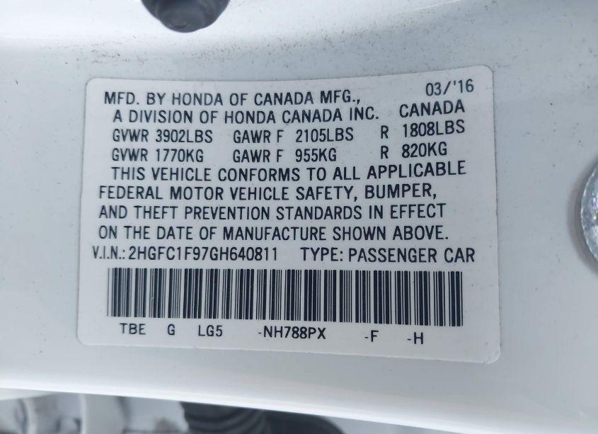 Photo 9 of 2016 Honda Civic TOURING (VIN 2HGFC1F97GH640811)