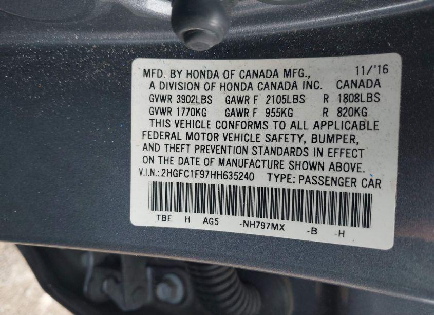 Photo 9 of 2017 Honda Civic TOURING (VIN 2HGFC1F97HH635240)