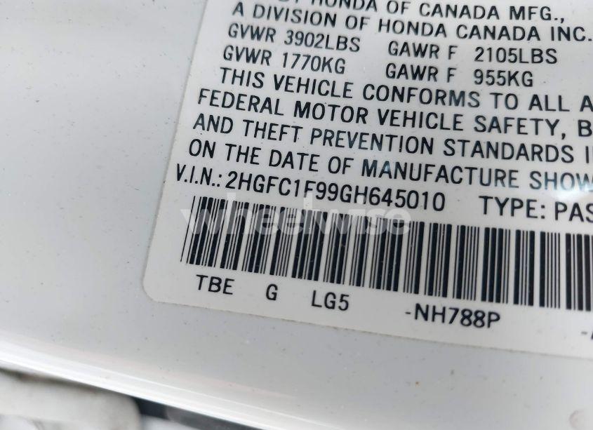 Photo 9 of 2016 Honda Civic TOURING (VIN 2HGFC1F99GH645010)