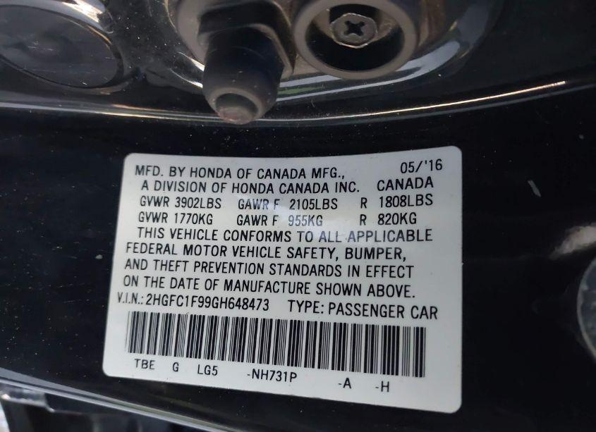 Photo 9 of 2016 Honda Civic TOURING (VIN 2HGFC1F99GH648473)