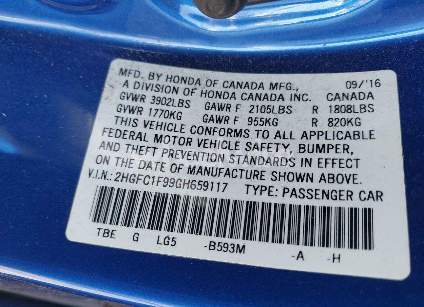 Photo 9 of 2016 Honda Civic TOURING (VIN 2HGFC1F99GH659117)