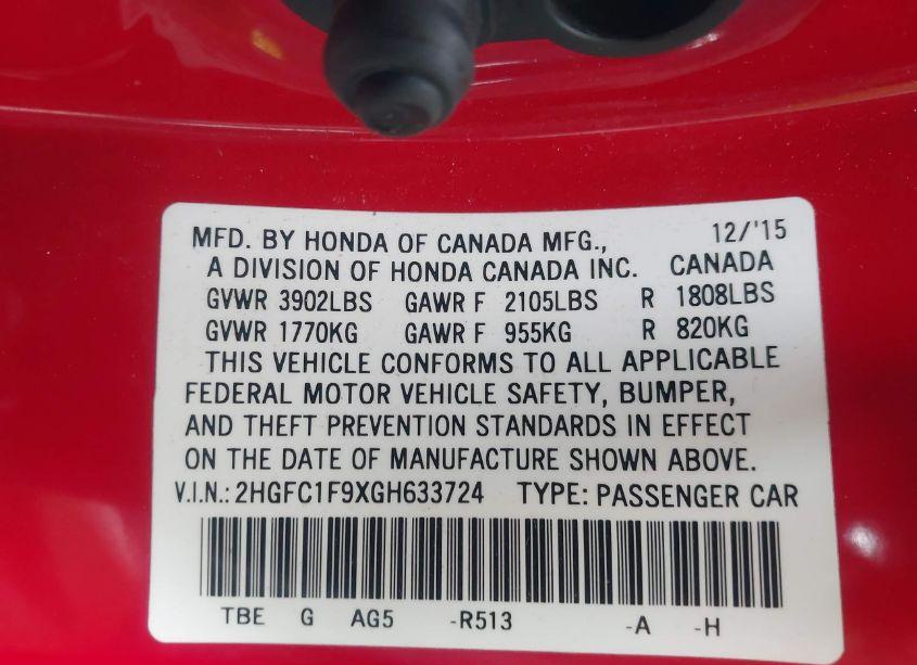 Photo 9 of 2016 Honda Civic TOURING (VIN 2HGFC1F9XGH633724)