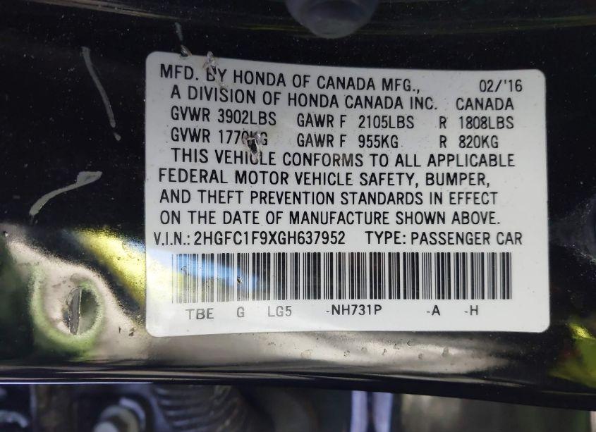 Photo 9 of 2016 Honda Civic TOURING (VIN 2HGFC1F9XGH637952)