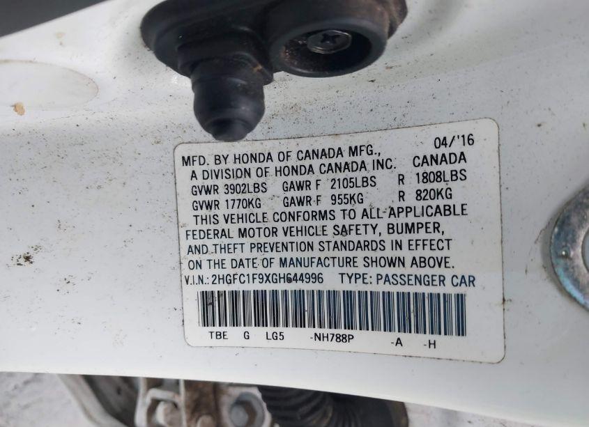 Photo 9 of 2016 Honda Civic TOURING (VIN 2HGFC1F9XGH644996)