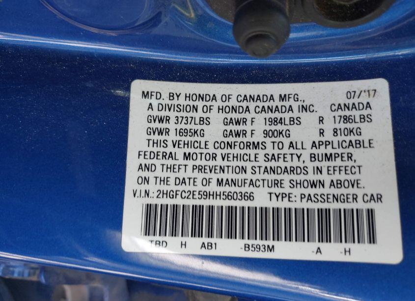 Photo 9 of 2017 Honda Civic LX (VIN 2HGFC2E59HH560366)